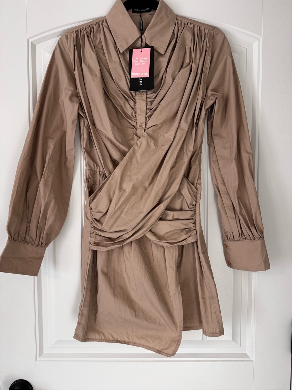 PrettyLittleThing Stone Cotton Ruched Wrap Front Shirt Dress, Sz 4, new w/flaw